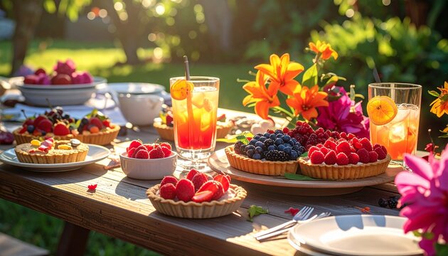 Colorful Garden Picnic with Fresh Fruits and Drinks.