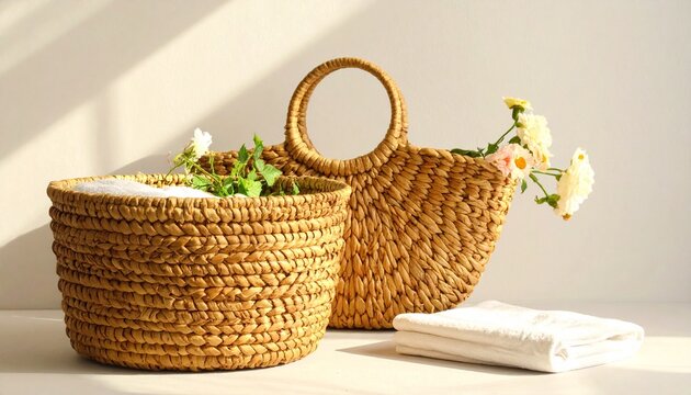 Woven straw baskets with flowers on light background.