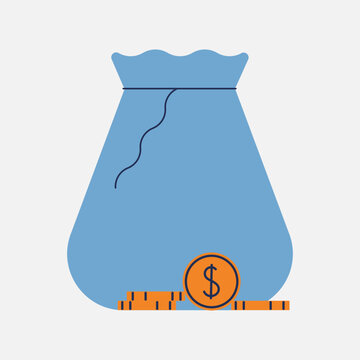 Save money concept with Blue bag with gold coins isolated on white background. Safety of investments, savings. Vector illustration