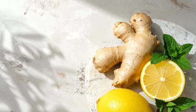 Fresh ginger root and lemon slices on light background.