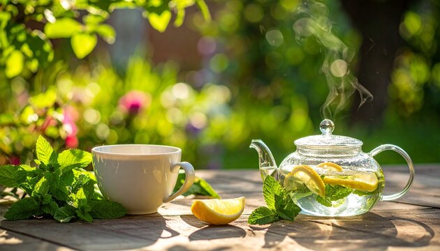 Fresh herbal tea with lemon in a sunny garden setting.