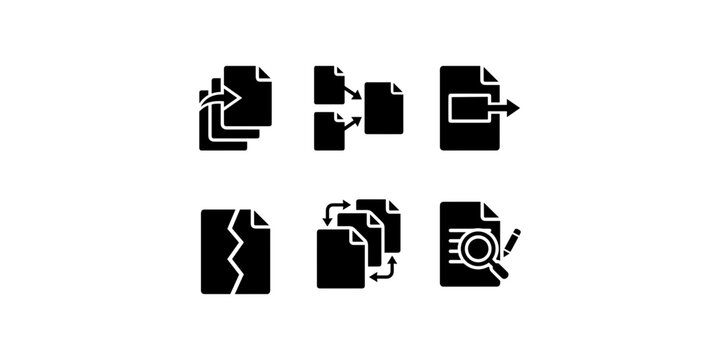 Document Management Icon Set Featuring File Transfer, Merging, Exporting, Splitting, Synchronization, Search, and Editing Functions