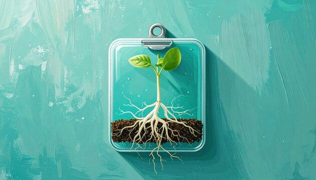 Small Plant Growing in Glass Container on Turquoise Background.