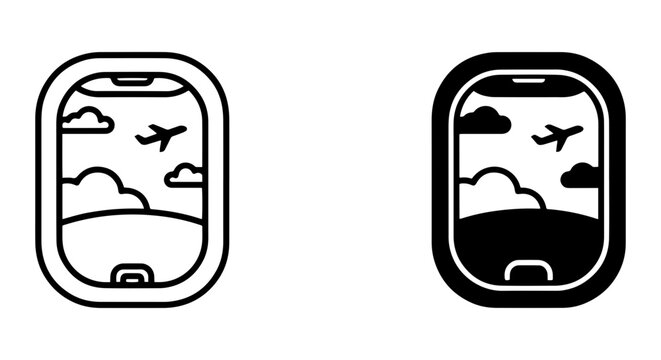 Airplane Window Icons, Travel View Vector Set, Sky Clouds and Plane Illustration