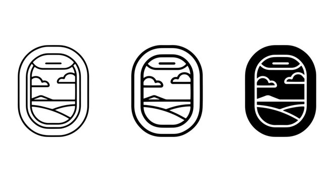 Airplane Window Views: Landscape Scenery Icons, Travel Icons, Aviation Icons, Vector Set
