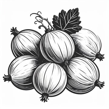 Detailed Black and White Illustration of Gooseberries with Leaf.