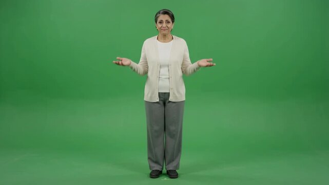 Woman shrugging with open palms, expressing uncertainty or confusion on a green screen background.