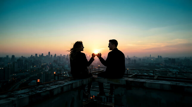 Couple holding fingers at sunset on a rooftop overlooking a city skyline at dusk