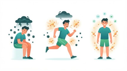 Fototapeta premium A person transitions from feeling low and stressed to being active and energized through exercise.