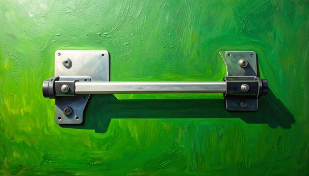 Industrial metal latch on green painted surface.