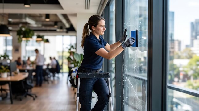 Female technician installing clear security film on a glass window with a squeegee in a modern office.