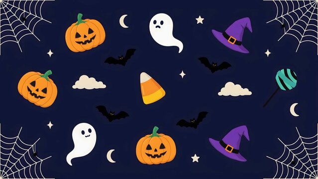 Halloween pattern background, with cute pumpkins, ghosts, witch hats, bats, candy corn, stars, and spider, webs on dark blue