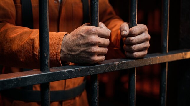 Prisoner Holding Iron Bars in Dark Jail Cell &ndash; Incarceration, Criminal Justice, Imprisonment and Human Rights Concept