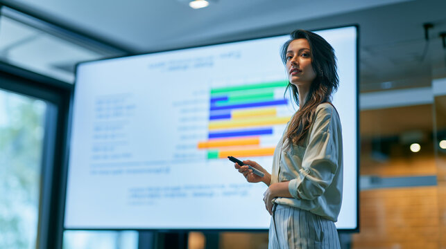 A young woman standing in front of a large screen displaying a chart during a presentation.