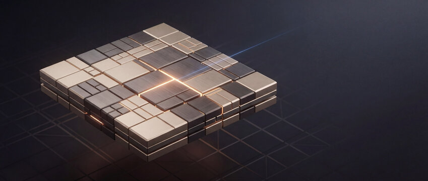 Modular cube with futuristic metallic panels and glowing orange seams floats over a dark grid background for quantum computing, blockchain, and hardware technology concepts