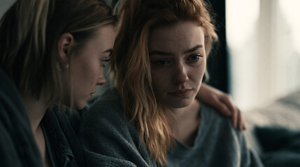 Obraz premium A person sitting on a sofa, looking visibly upset or overwhelmed, while a friend sits close by, listening and offering comfort.