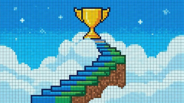 Pixel art golden trophy atop a colorful pixelated staircase leading through clouds