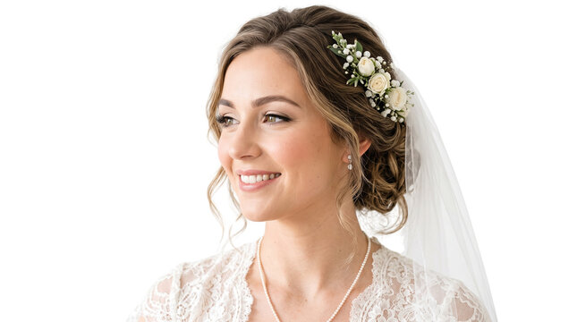 Elegant bride with floral hair accessory and veil, beautiful woman in lace wedding dress, smiling bridal portrait with pearl necklace isolated PNG with Transparent Background