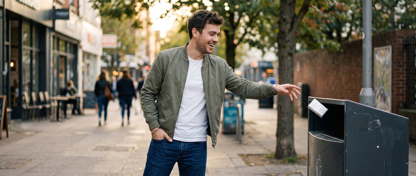 Young man smiling and throwing a paper cup in a city street trash bin  