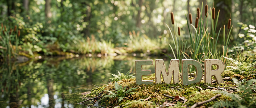 EMDR letters on mossy ground by a calm pond in a tranquil forest  