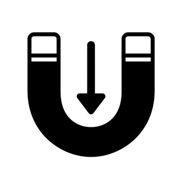 Minimalist horseshoe magnet icon with downward arrow, black magnetic force symbol, physics and attraction vector illustration