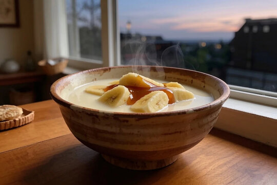 Indonesian kolak pisang banana sweet dessert with coconut milk and palm sugar served hot by sunset window