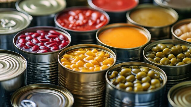 Canned food on the table, a concept of relief aid for students during summer vacation at university.