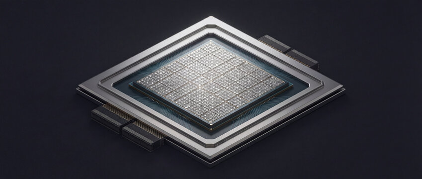 Quantum processor microchip on dark background featuring a glittering crystalline lattice die and metallic heatsink casing for next-generation computing hardware design