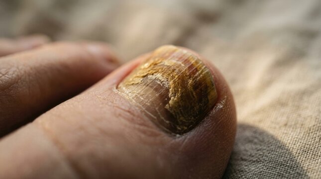 Parasitic mycosis infection: nail fungus, diseased keratin, yellow discoloration, damaged plate, unhealthy cuticle, dermatophyte attack, foot disease, cracked skin.
