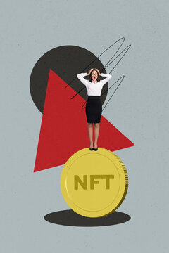 Image 3d zine vertical artwork collage of happy businesswoman businessman receive crypto coin bitcoin income profit capital