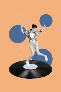 Abstract collage of person dance vinyl plate on pastel background with geometry shape