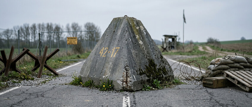 Abandoned military checkpoint with concrete barrier and overgrown vegetation  