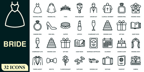 Set of thirty two wedding and bride themed outline featuring dress, veil, tiara, diamond ring, heel, cake, tuxedo, and gift box
