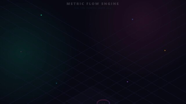 Isometric futuristic data dashboard featuring metric flow engine and real-time analytics on dark background