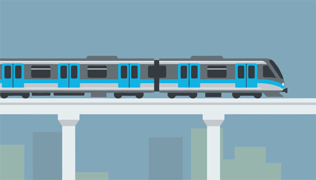 Modern grey and blue metro subway train moving on an elevated railway track with city skyscrapers behind.