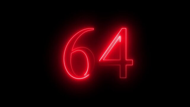 glowing red color neon 64 text, Educational concept promote advertising concept isolate using QuickTime black background 4k motion video 