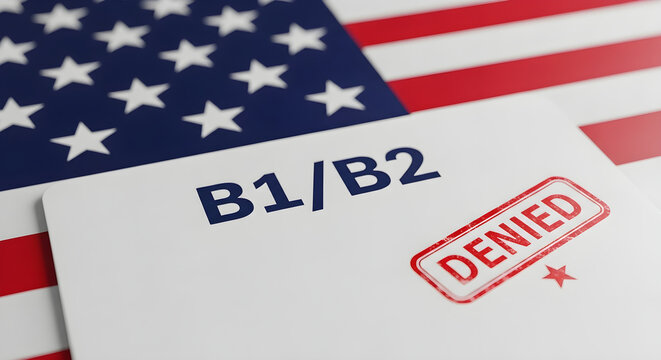 US visa application form B1/B2 denied stamp with American flag background