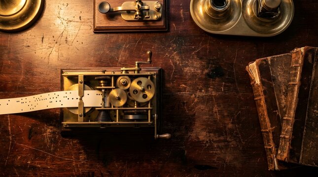 Antique Brass Mechanical Telegraph Receiver with Paper Tape on a Vintage Wooden Desk Background