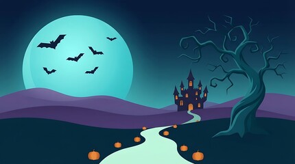 Fototapeta premium Spooky halloween night landscape with a haunted house silhouette full moon bats and glowing jack o lanterns