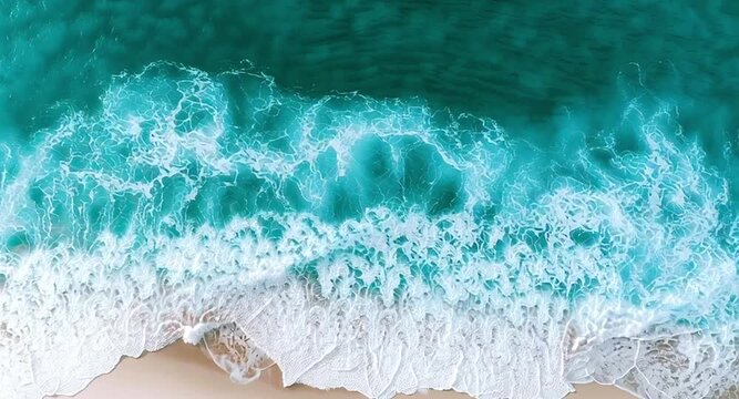Aerial top down perspective captures the serene beauty of turquoise ocean waves gently rolling onto a pristine sandy shore, creating a mesmerizing pattern of white seafoam on the coastline