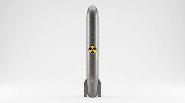 Nuclear missile model displayed on white background representing atomic warhead technology and weapon danger