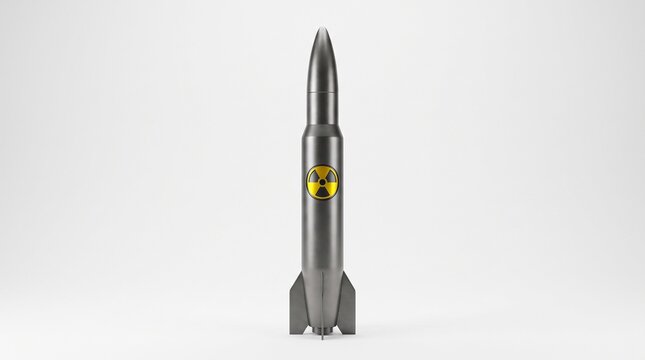 Metallic nuclear missile with radiation symbol standing upright on a white background for defense and warfare concepts