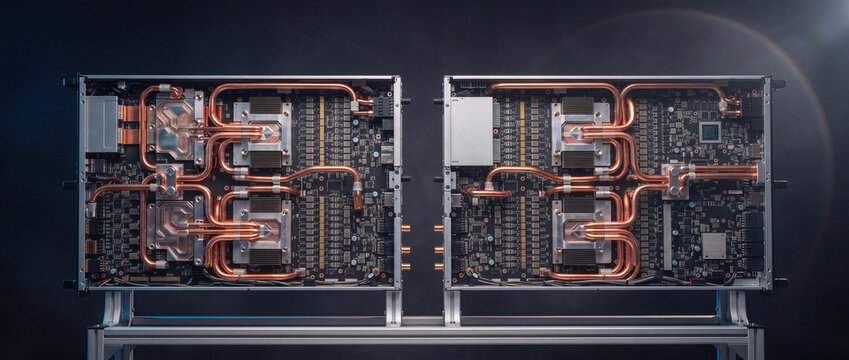 Liquid cooling system with copper heat pipes installed on powerful server hardware motherboards in a modern datacenter chassis for high performance computing and cloud data processing
