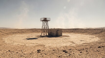 Naklejka premium Desolate arid desert landscape featuring a weathered observation tower and a secure bunker inside a large impact crater under a hazy sky