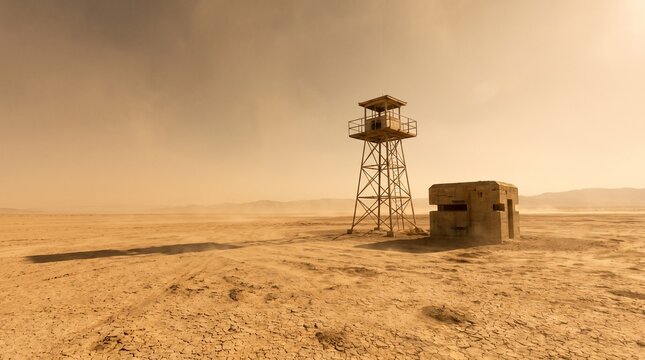 Remote desert nuclear testing area with a watchtower and concrete bunker under a dusty orange sky