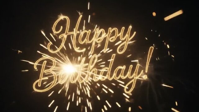 Happy Birthday Text Written with Glowing Sparklers and Smoke on Dark Night Background
