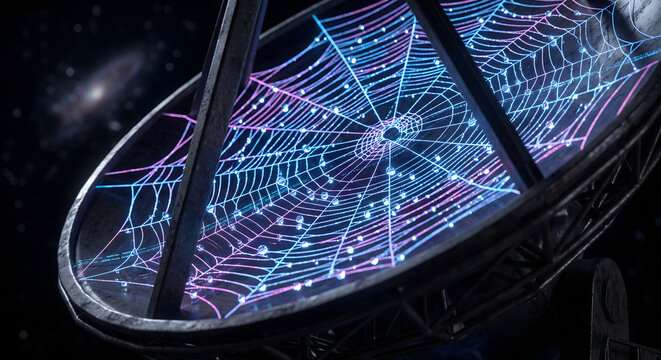 Satellite Dish with Glowing Neon Spiderweb in Deep Space