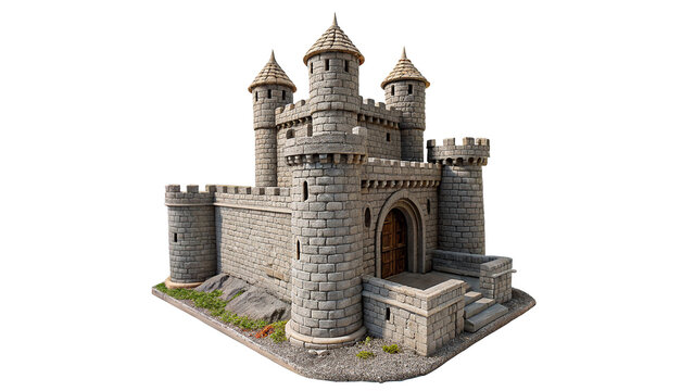 Small realistic toy model of medieval stone castle isolated on a white background