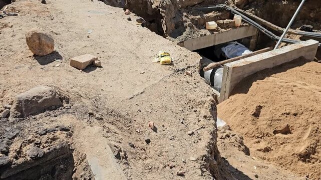 Construction work on a site with trenches and pipes during midday sun