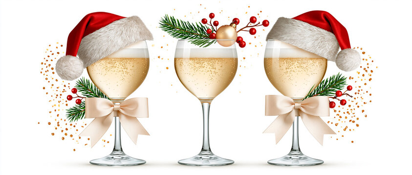 Glasses of champagne, Santa's hat, fir branch and ball on a white background